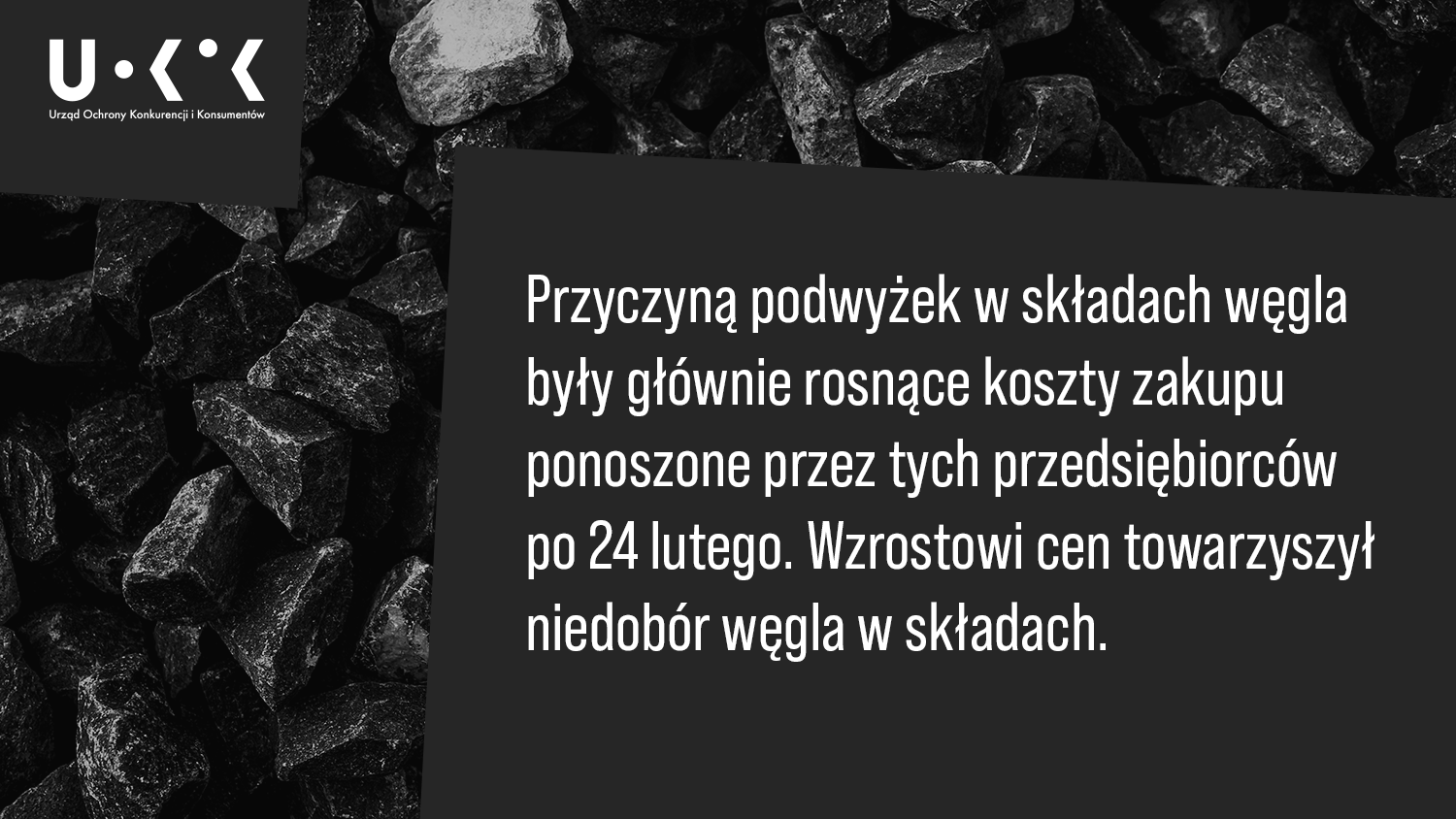 Grafika przedstawia w lewym górnym rogu logo UOKiK, a w prawej części tekst: „Przyczyną podwyżek w składach węgla były głównie rosnące koszty zakupu ponoszone przez tych przedsiębiorców po 24 lutego. Wzrostowi cen towarzyszył niedobór węgla w składach.